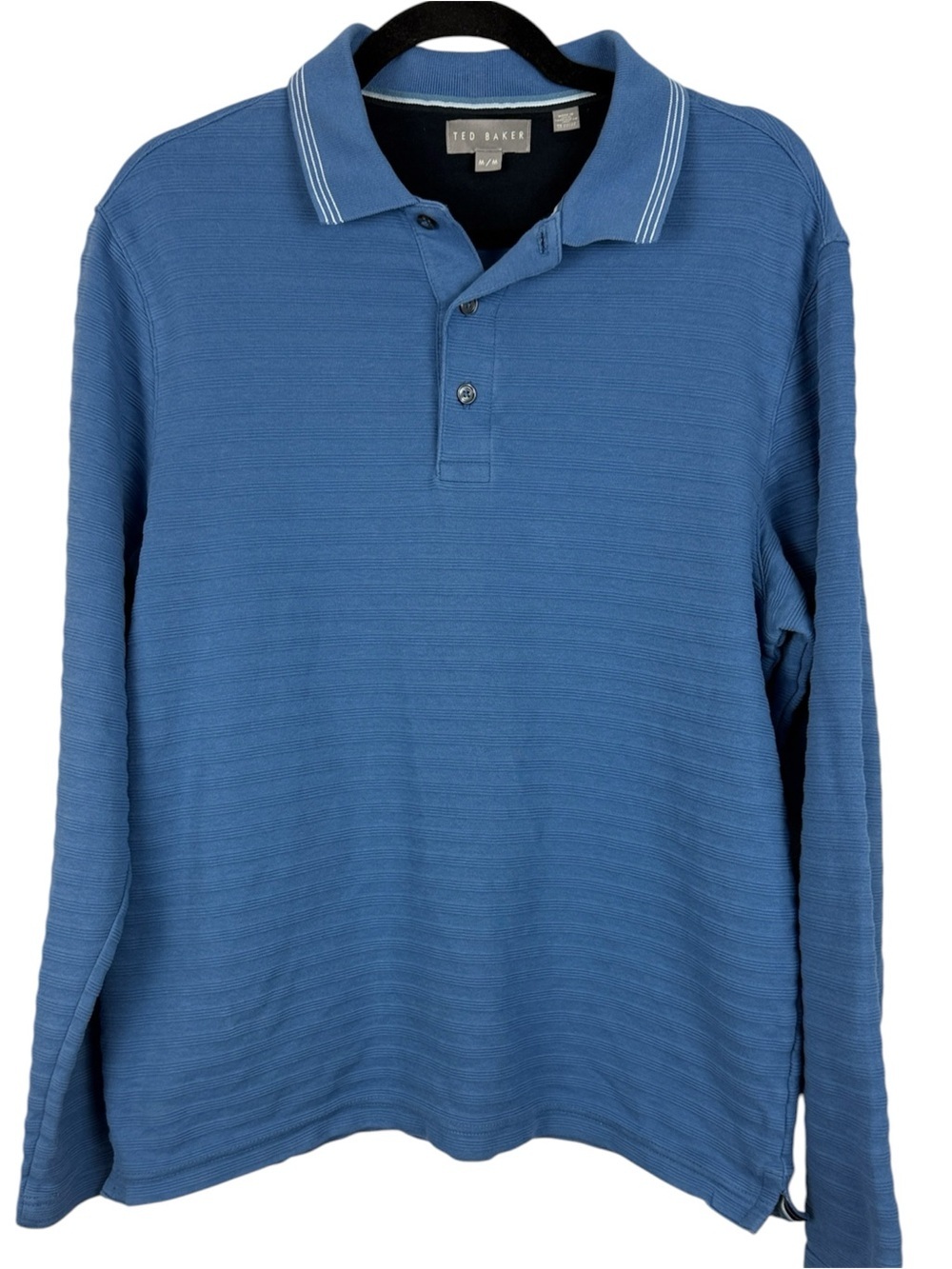 Ted Baker Men's Cotton Blue Ribbed Textured Long Sleeve Polo Shirt - Size Medium